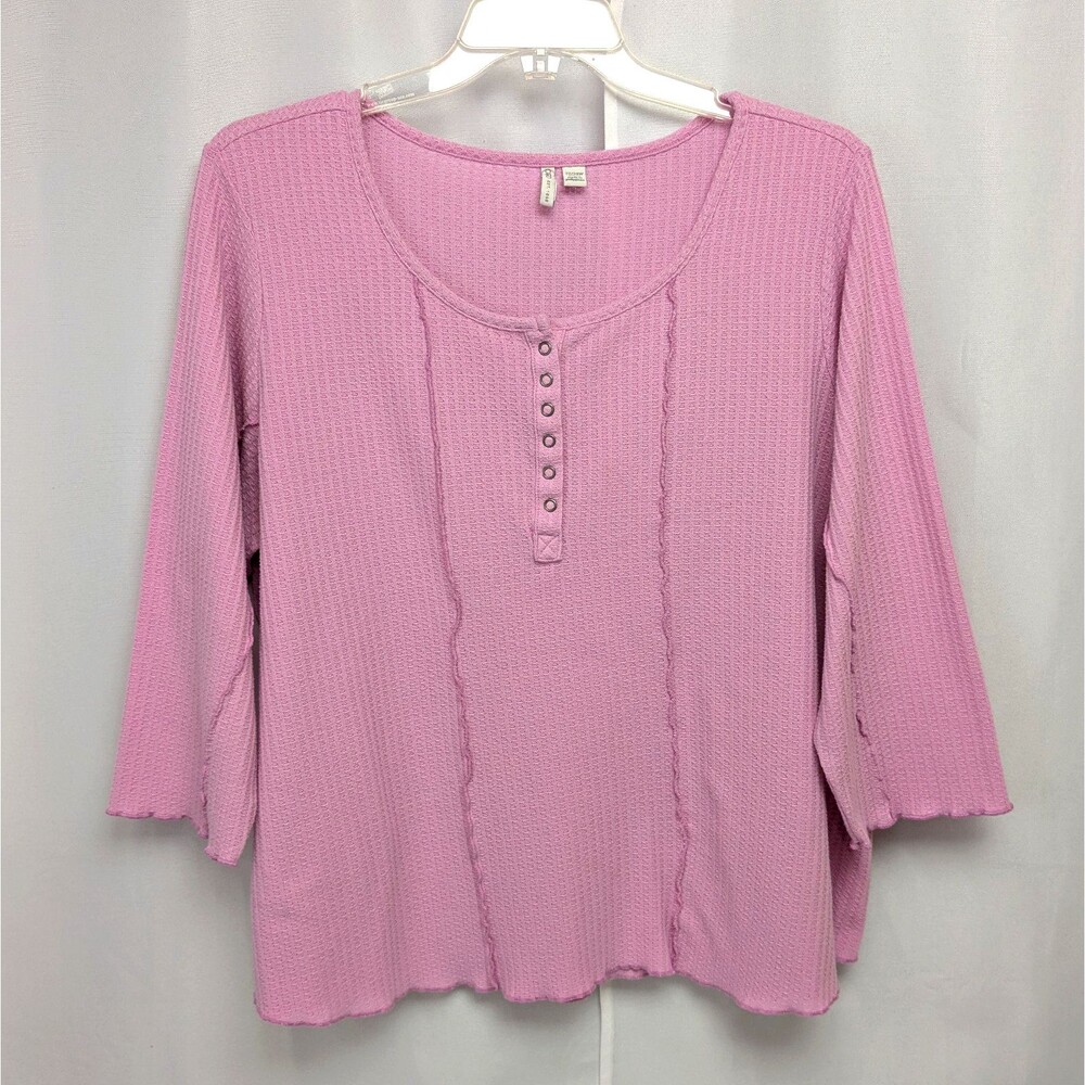 Cato Pink Waffle Knit Henley 3/4 Sleeve Ruffle Hem Thermal Top Women's 22/24W